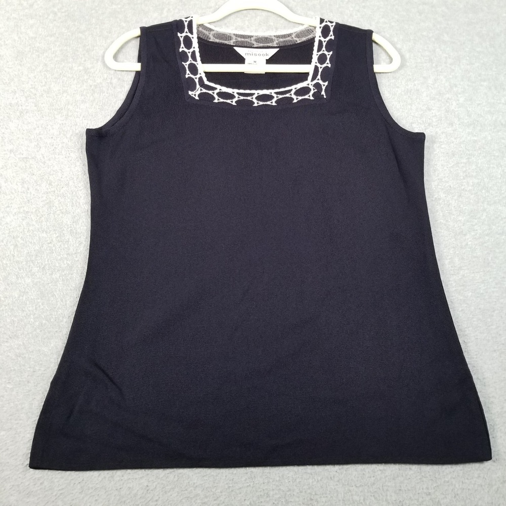 Exclusively Misook Tank Top Women's M Medium Dark Blue White Stretch Square Neck